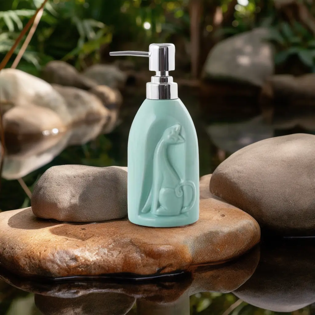 closeup of a handwash bottle on a rock, in a pond, trees in the background